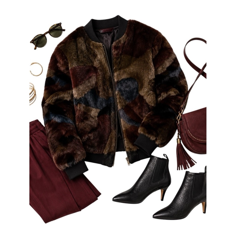 Marrakech Faux Fur Bomber Jacket Womens Small Multicolor Plush Chic Trend in EUC